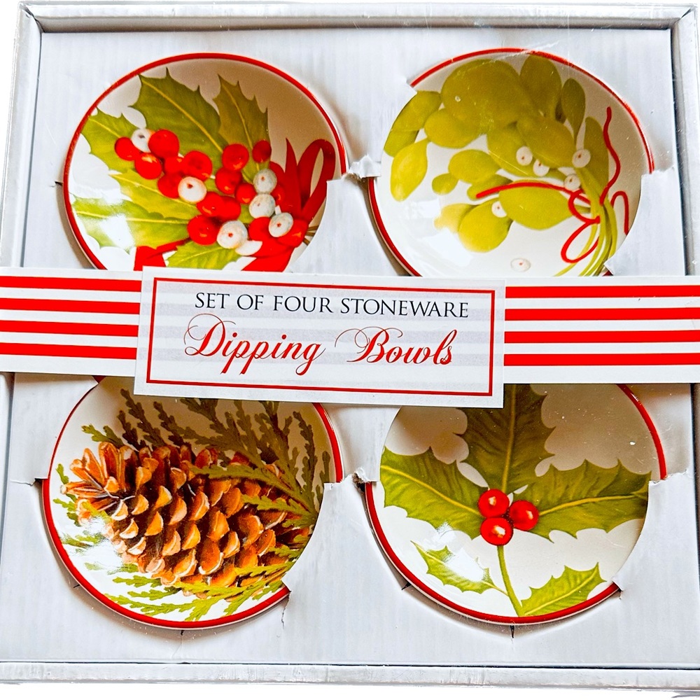 4 Christmas dipping bowls - For olives, sauces, oil or vinegar. Each 3.5 inches